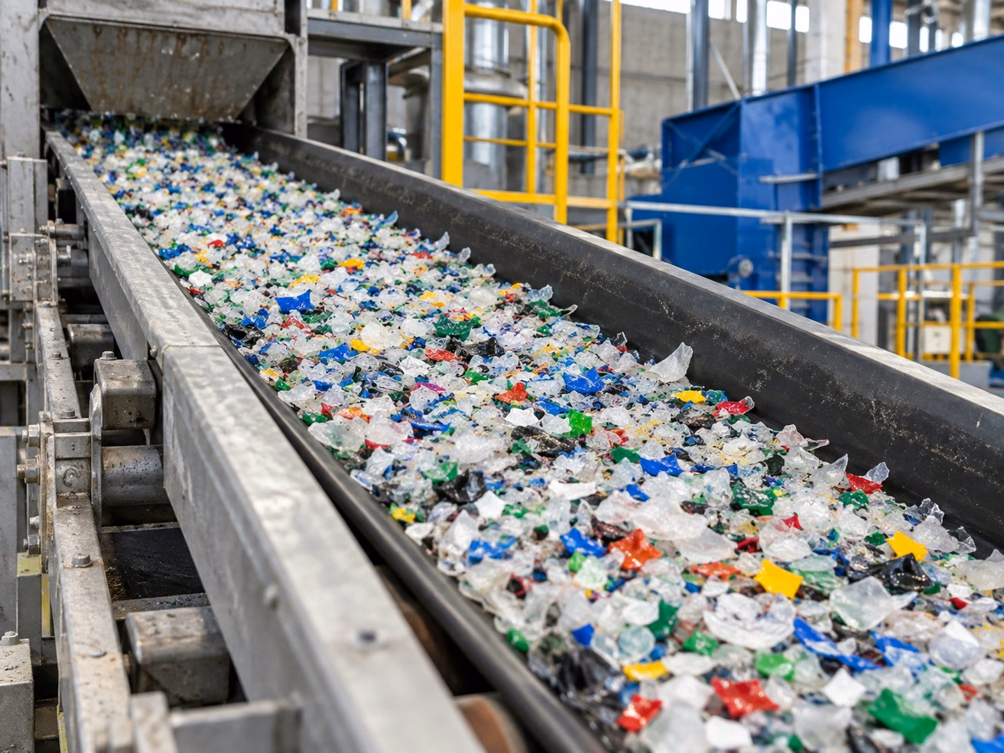 Esteira de reciclagem com plásticos coloridos