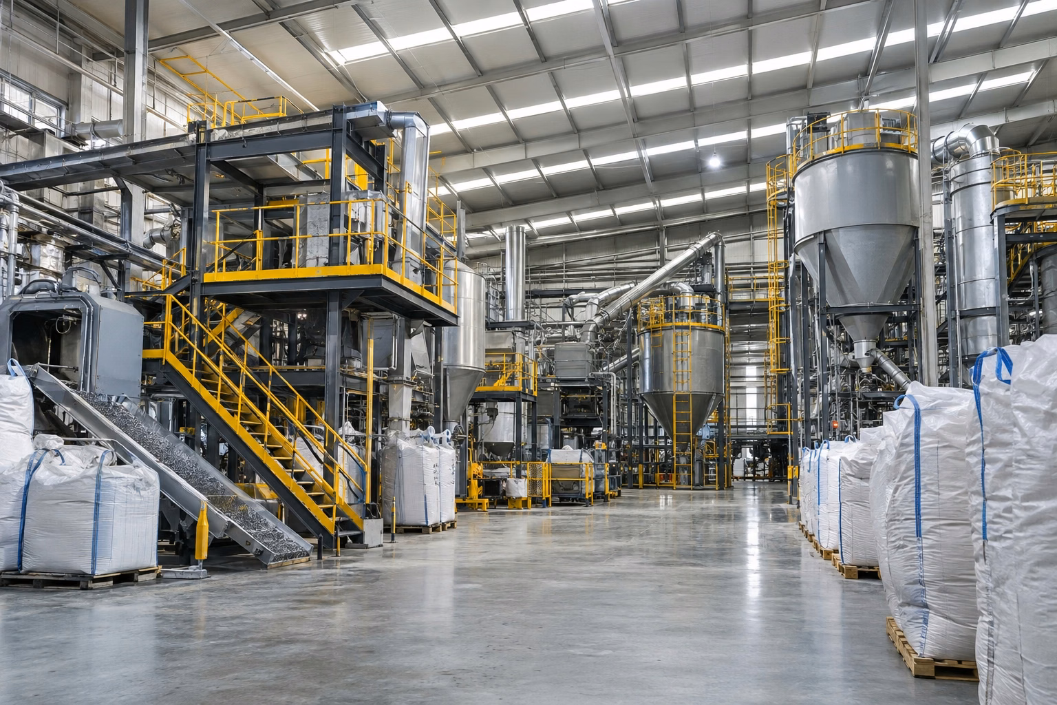 Estrutura industrial com materiais plásticos organizados
